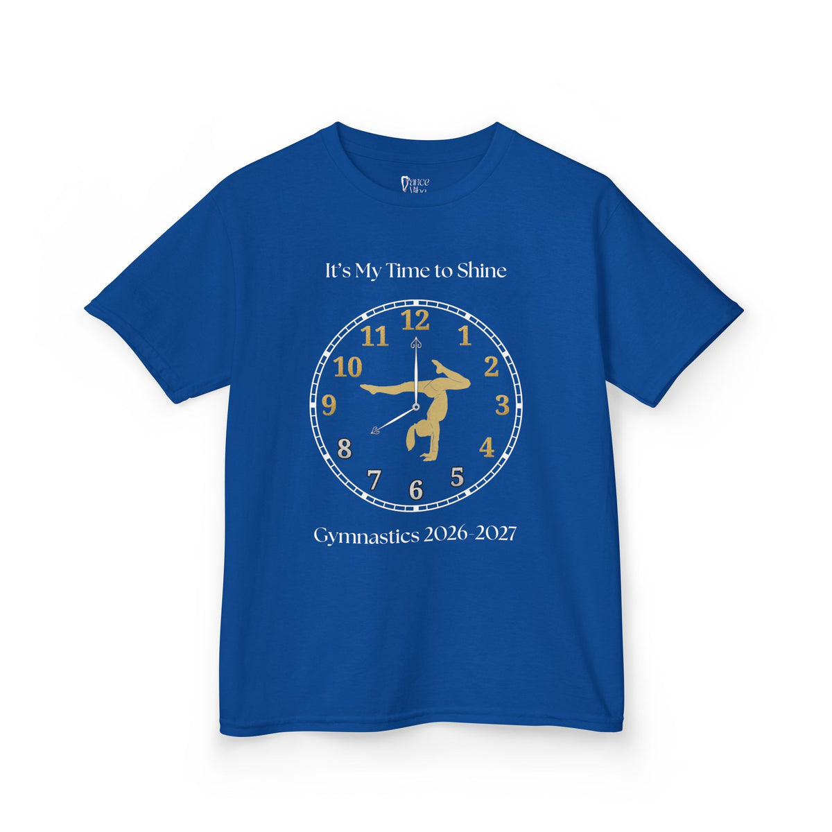 Front view of a youth Gildan 5000B heavy cotton t-shirt in royal with an It's My Time to Shine Gymnastics 2026-2027 theme