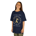 Young girl wearing a youth Gildan 5000B heavy cotton t-shirt in navy with an It's My Time to Shine Contemporary Dance 2026-2027 theme