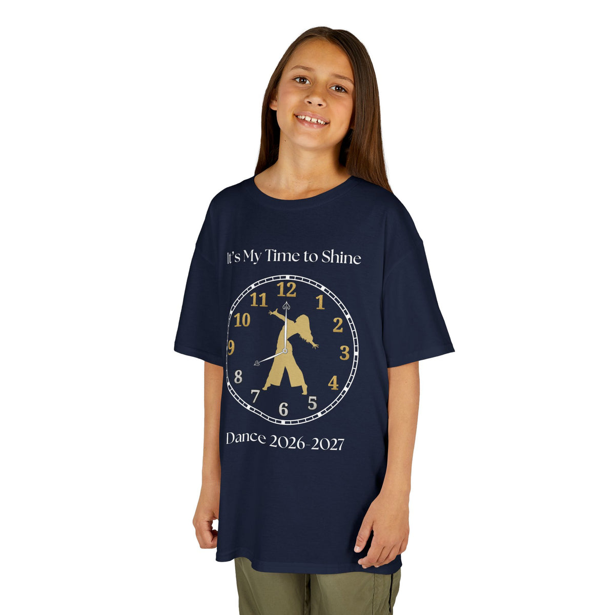 Young girl wearing a youth Gildan 5000B heavy cotton t-shirt in navy with an It's My Time to Shine Contemporary Dance 2026-2027 theme