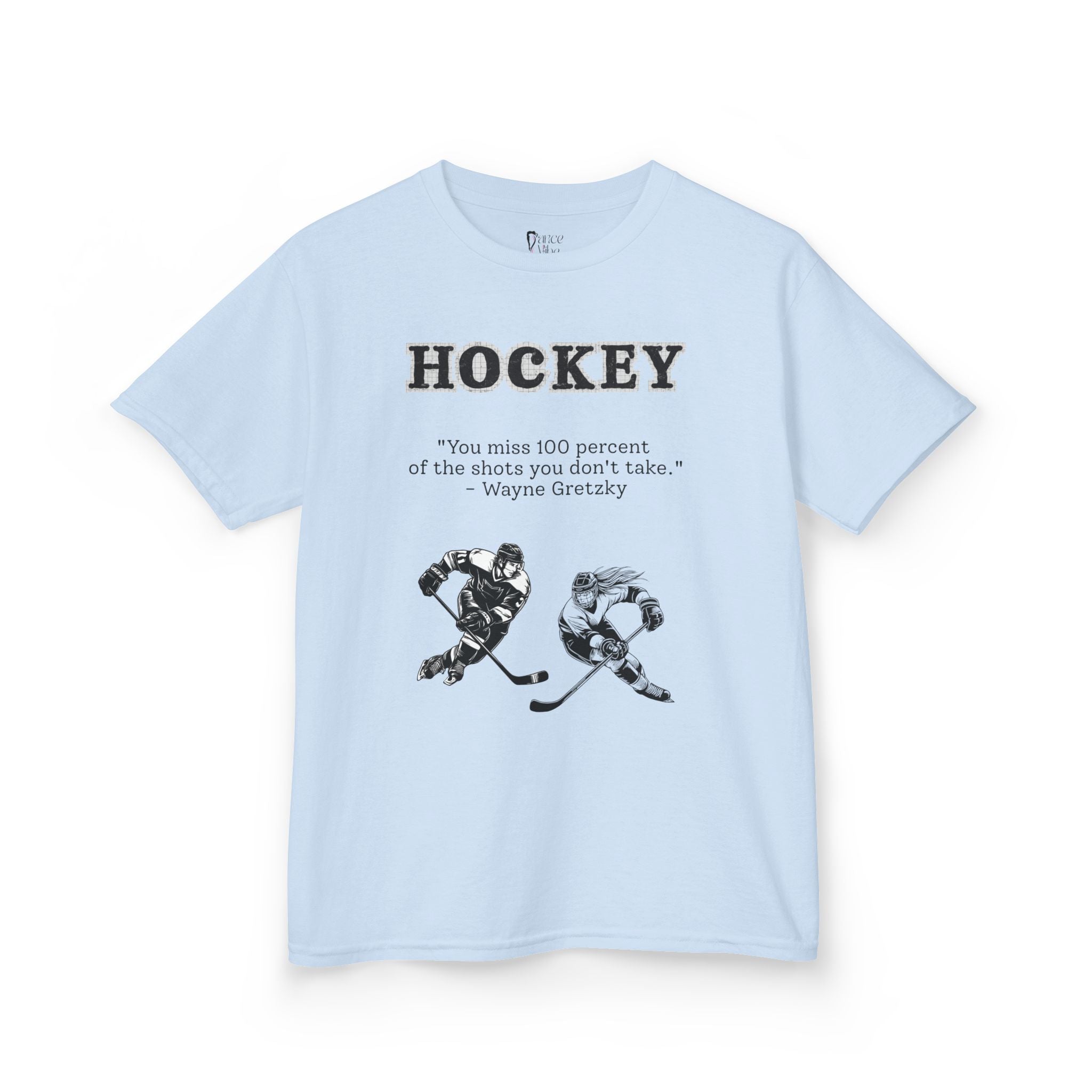Front view of a youth Gildan 5000B heavy cotton t-shirt in light blue with a Hockey text and graphic