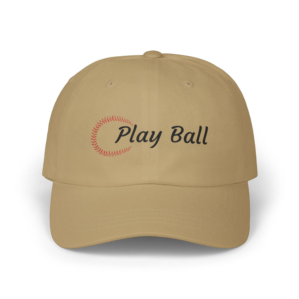 Khaki embroidered classic dad cap hat with Play Ball text and baseball graphic Front view