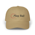 Khaki embroidered classic dad cap hat with Play Ball text and baseball graphic Front view