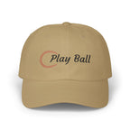 Khaki embroidered classic dad cap hat with Play Ball text and baseball graphic Front view