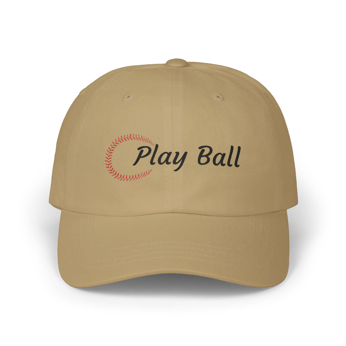Khaki embroidered classic dad cap hat with Play Ball text and baseball graphic Front view