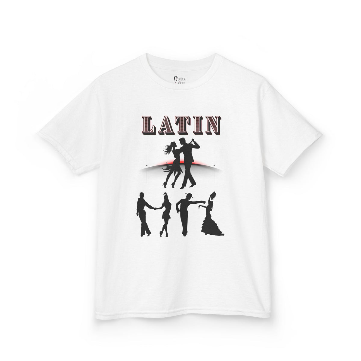 Front view of a youth Gildan 5000B heavy cotton t-shirt in white with a Latin Dance Couples theme