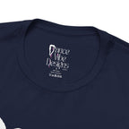 Close-up of a crewneck t-shirt showing the inner neck label with the brand Dance Vibe Designs printed above the care instructions.
