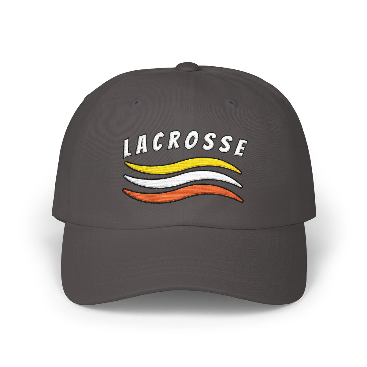 Dark grey cap with a Lacrosse text and colorful design embroidered on the front. 