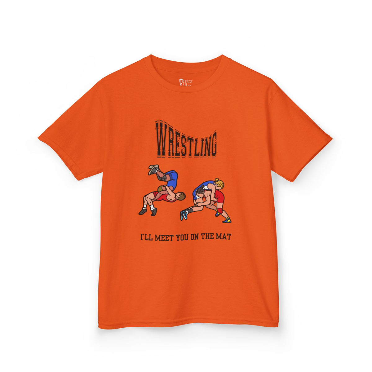 Front view of a youth Gildan 5000B heavy cotton t-shirt in orange with a Wrestling text and graphic