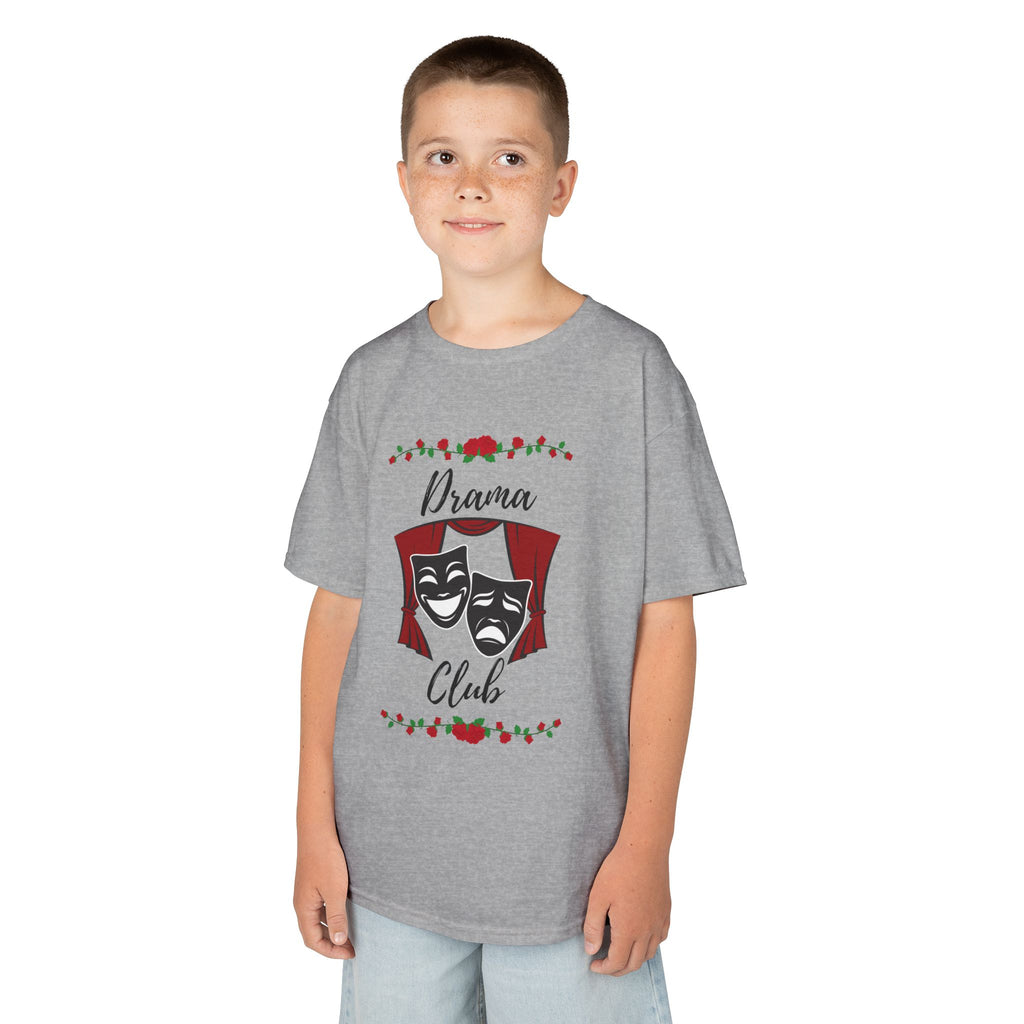 Young boy wearing a youth Gildan 5000B heavy cotton t-shirt in sport grey with a Drama Club text and graphic 