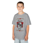 Young boy wearing a youth Gildan 5000B heavy cotton t-shirt in sport grey with a Drama Club text and graphic 