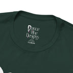 Close-up of a crewneck t-shirt showing the inner neck label with the Dance Vibe Designs logo above the care instructions.
