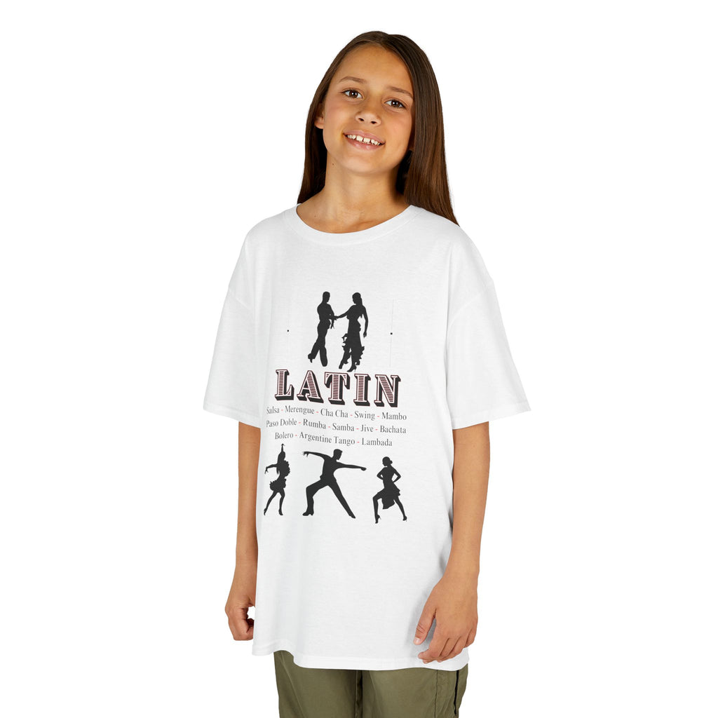 Young girl wearing a youth Gildan 5000B heavy cotton t-shirt in white with a Latin Dance Style theme