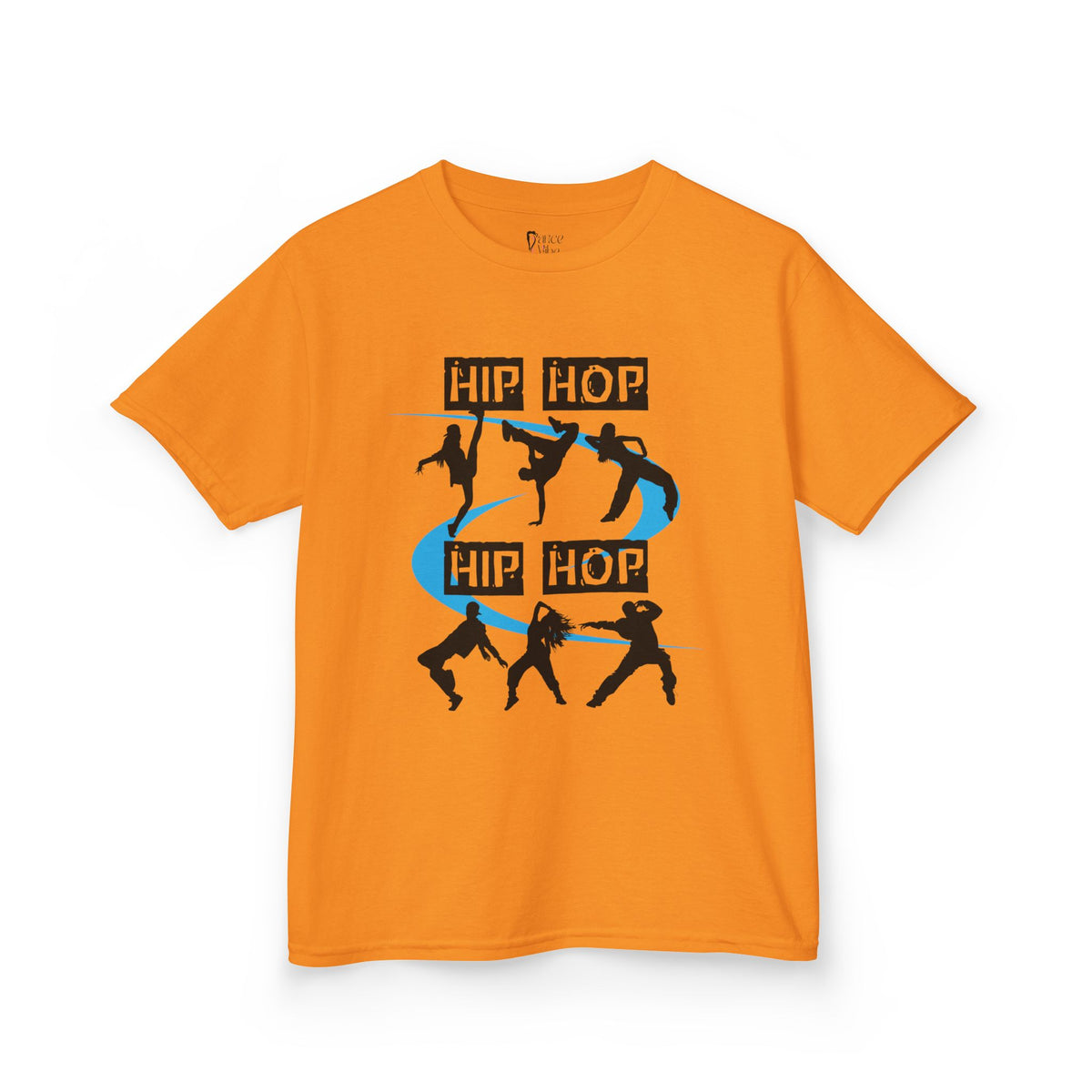 Front view of a youth Gildan 5000B heavy cotton t-shirt in tennessee orange with a Hip Hop text and dancers