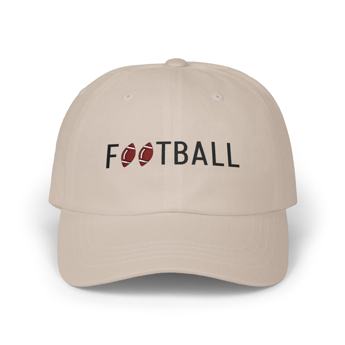 Stone embroidered classic dad cap hat with Football text and graphic Front view