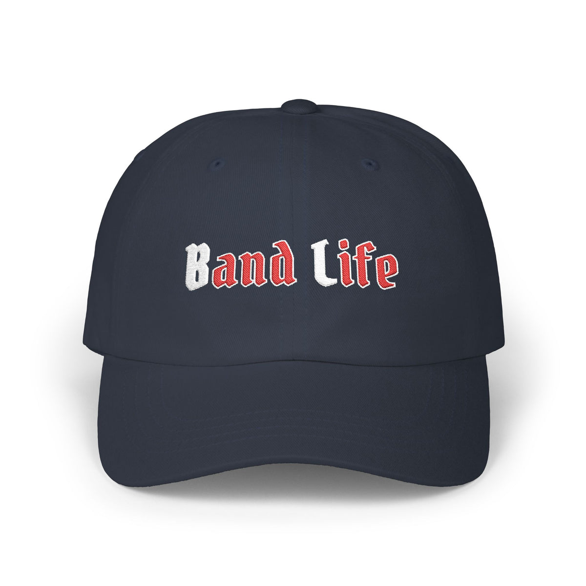 Navy cap with an embroidered Band Life text.