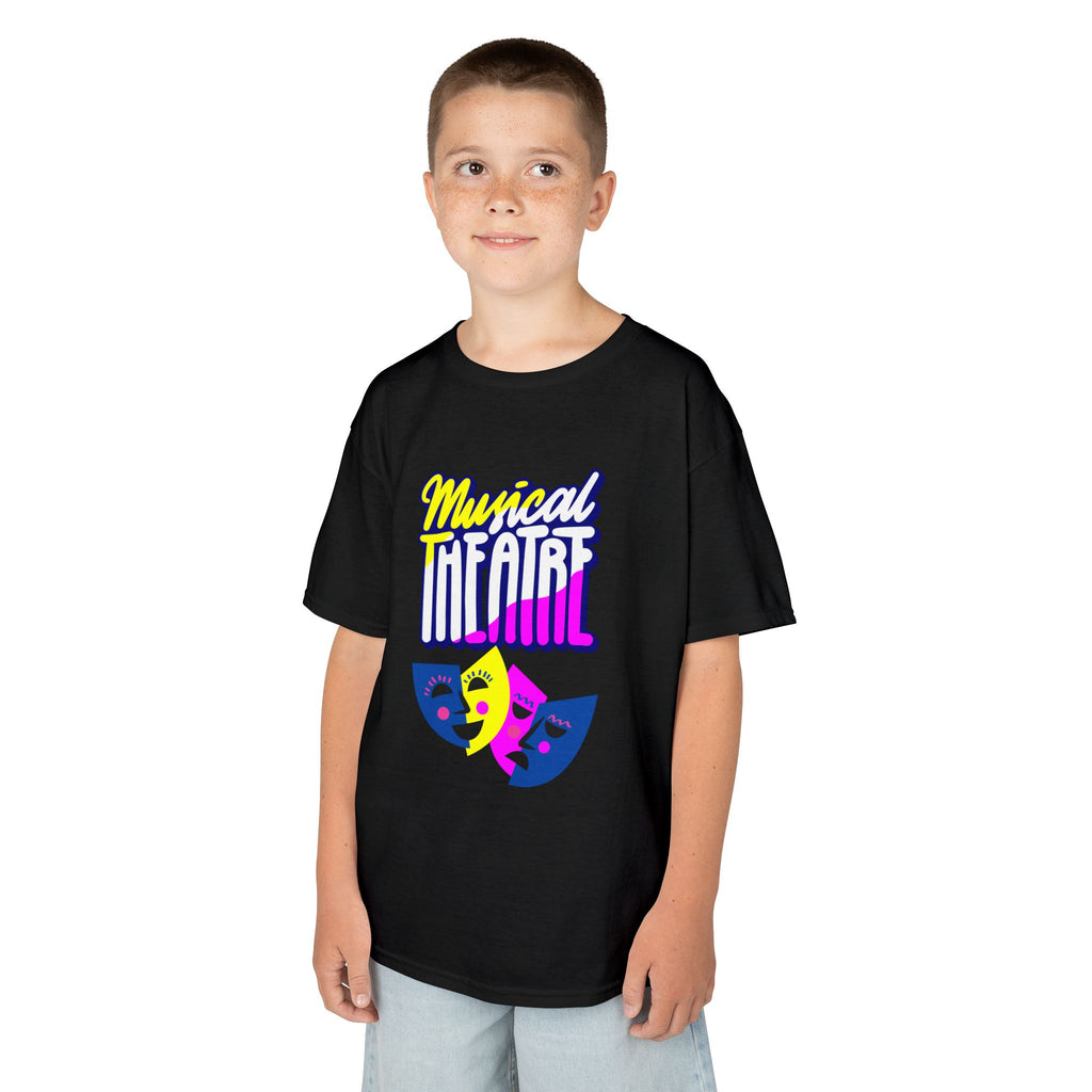 Young boy wearing a youth Gildan 5000B heavy cotton t-shirt in black with a Musical Theater rainbow mask graphic