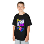 Young boy wearing a youth Gildan 5000B heavy cotton t-shirt in black with a Musical Theater rainbow mask graphic