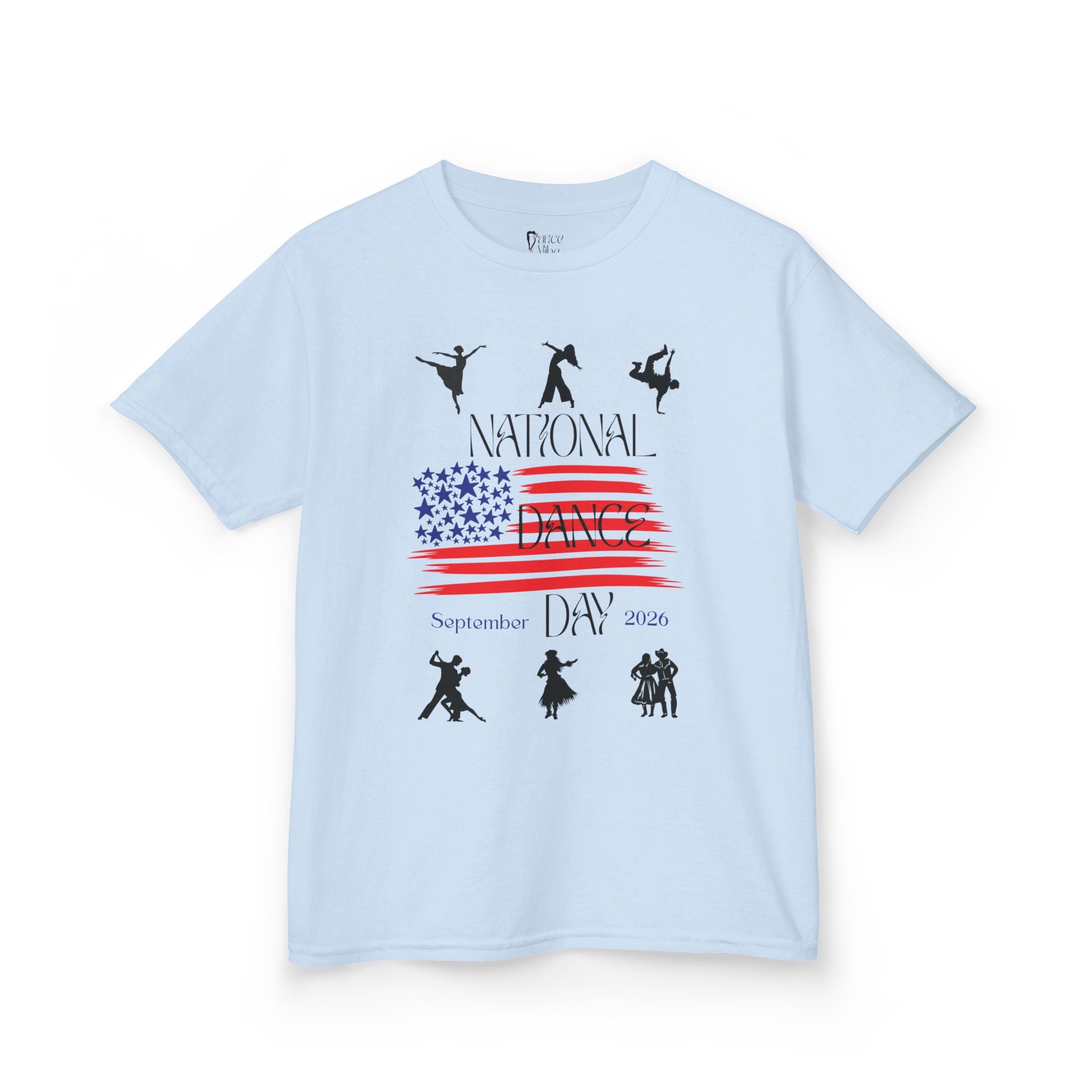 Front view of a youth Gildan 5000B heavy cotton t-shirt in light blue with a National Dance Day theme