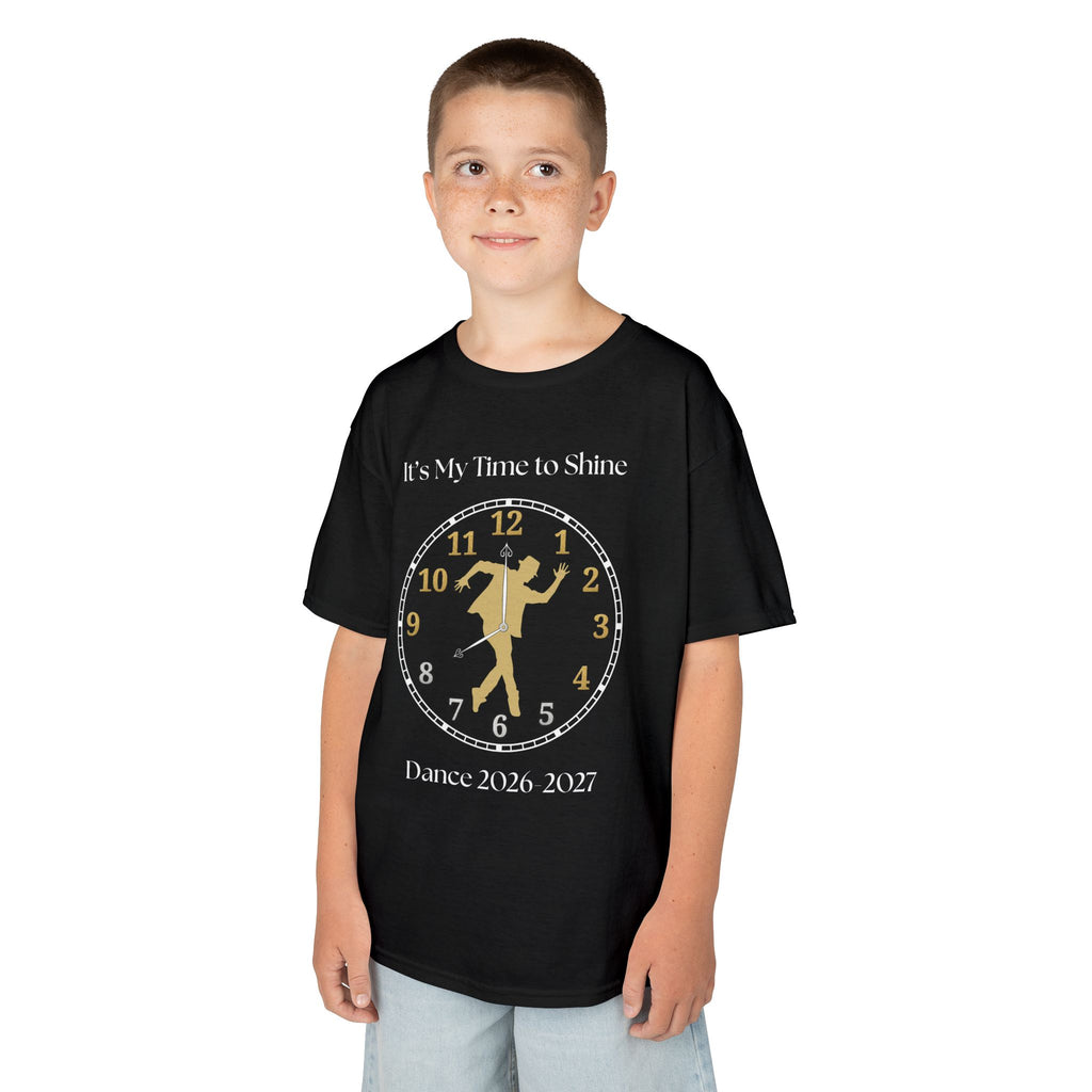 Young boy wearing a youth Gildan 5000B heavy cotton t-shirt in black with a Male Broadway Dancer 2026-2027 design