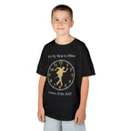 Young boy wearing a youth Gildan 5000B heavy cotton t-shirt in black with a Male Broadway Dancer 2026-2027 design
