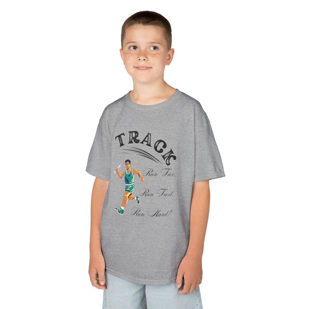 Young boy wearing a youth Gildan 5000B heavy cotton t-shirt in sport grey featuring a boy running Track