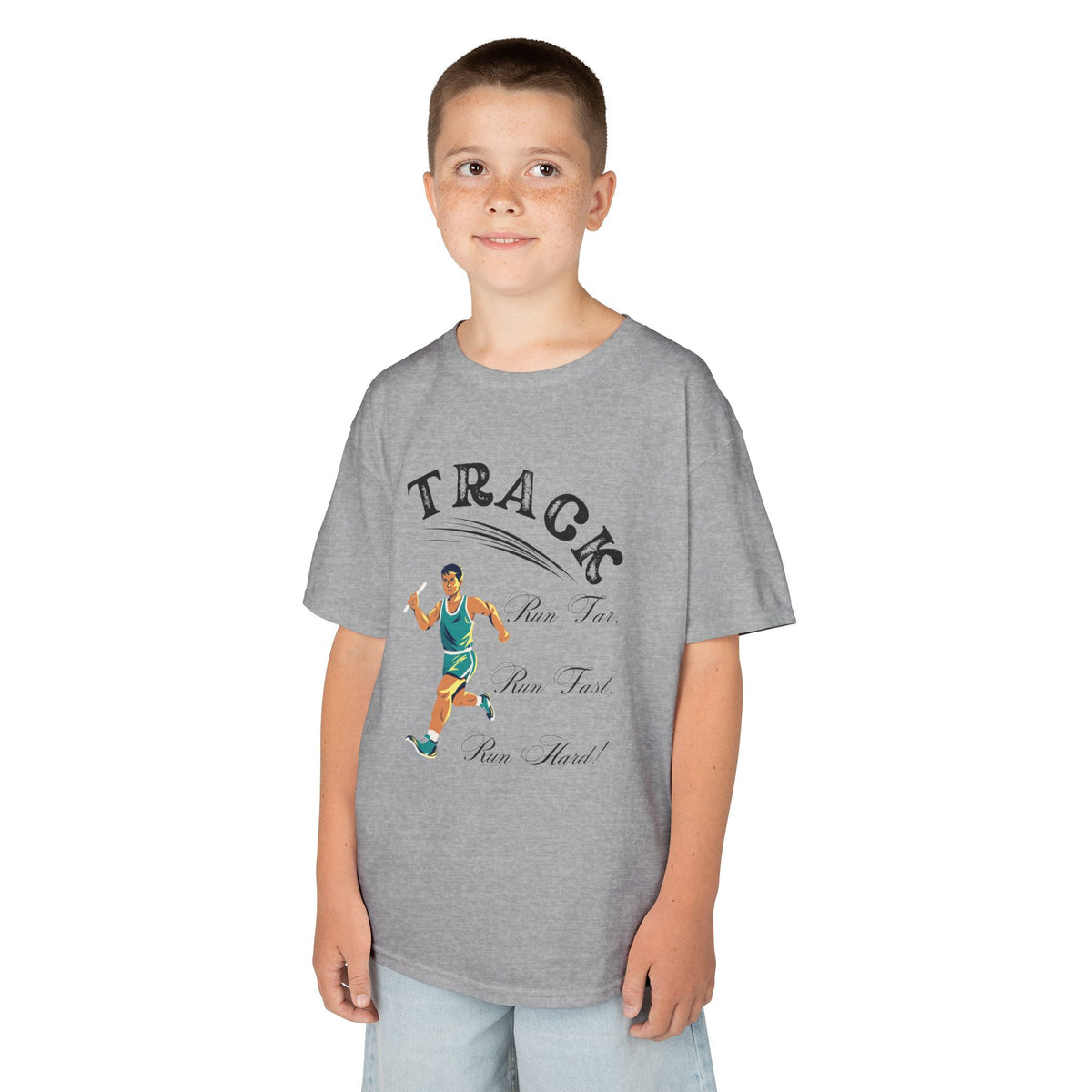 Young boy wearing a youth Gildan 5000B heavy cotton t-shirt in sport grey featuring a boy running Track