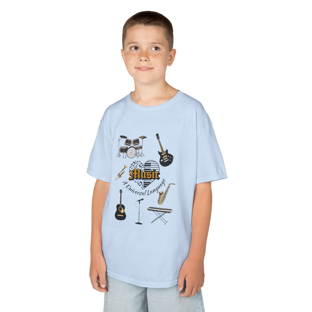 Young boy wearing a youth Gildan 5000B heavy cotton t-shirt in light blue with a Music A Universal Language theme