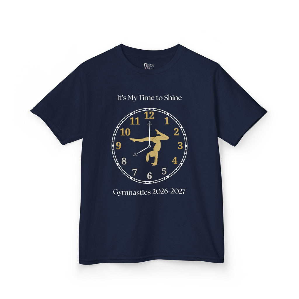 Front view of a youth Gildan 5000B heavy cotton t-shirt in navy with an It's My Time to Shine Gymnastics 2026-2027 theme