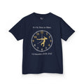 Front view of a youth Gildan 5000B heavy cotton t-shirt in navy with an It's My Time to Shine Gymnastics 2026-2027 theme
