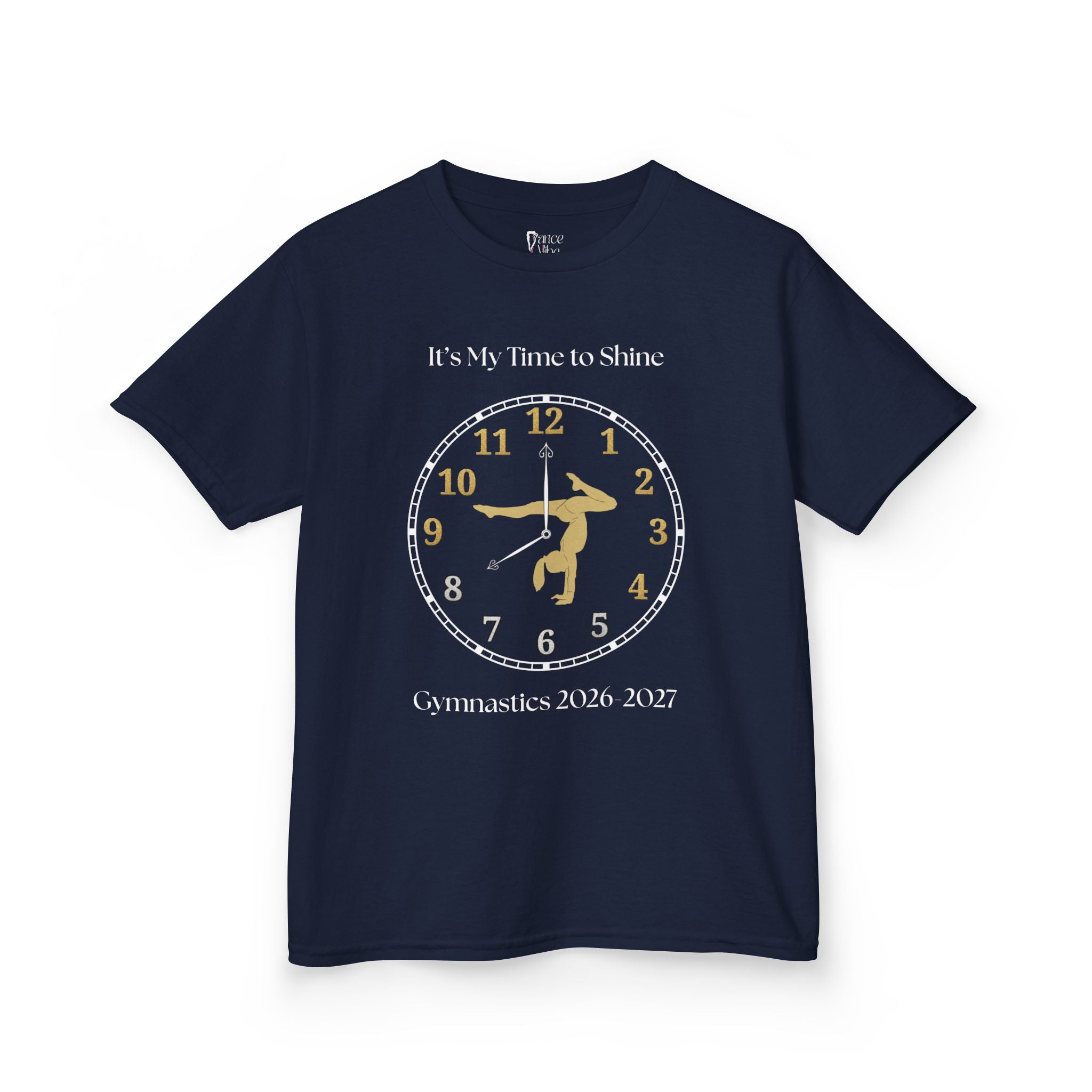 Front view of a youth Gildan 5000B heavy cotton t-shirt in navy with an It's My Time to Shine Gymnastics 2026-2027 theme