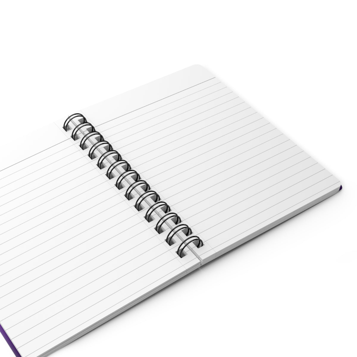 Open spiral-bound notebook with white lined pages.