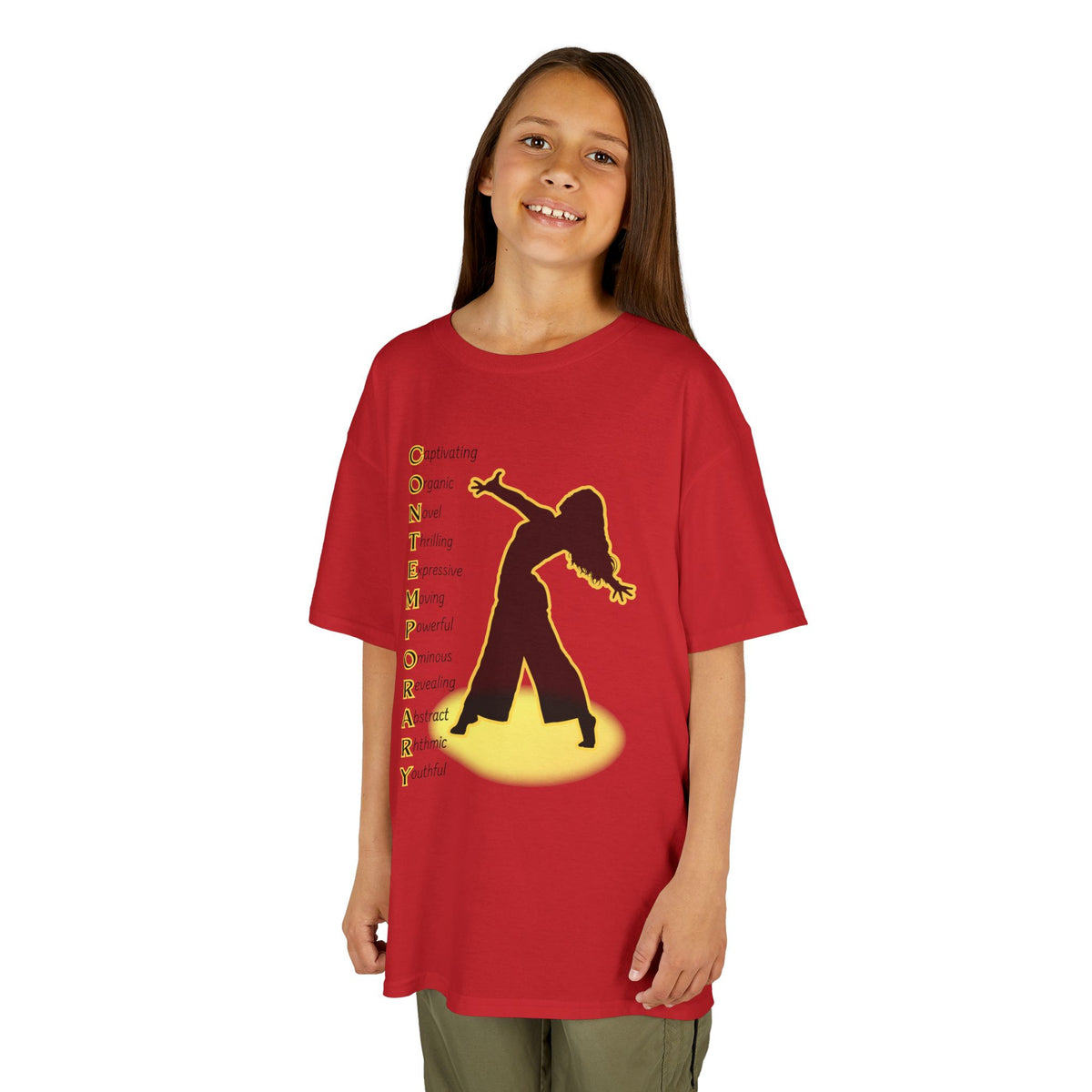 Young girl wearing a youth Gildan 5000B heavy cotton t-shirt in red  with a Contemporary Dance text and graphic