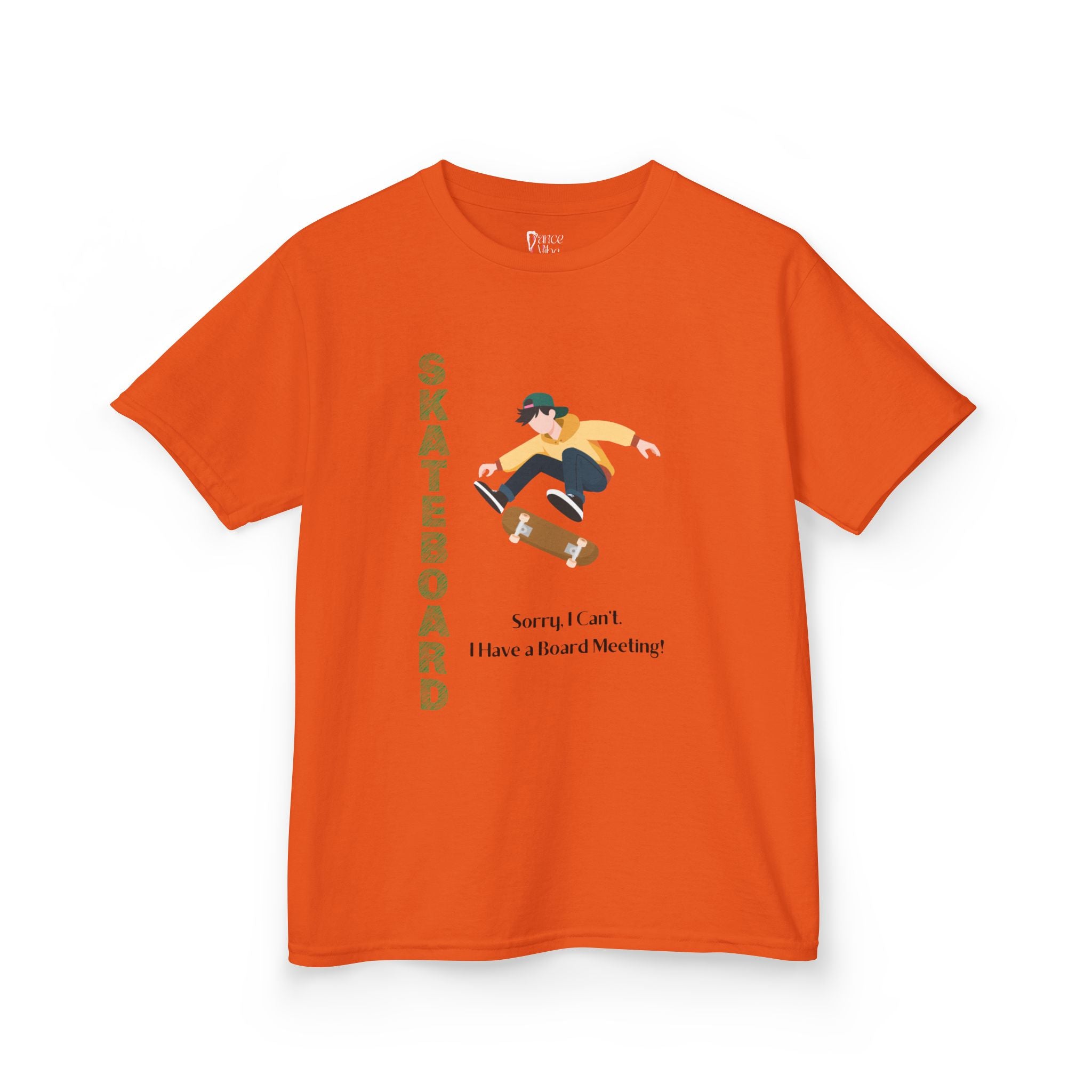 Front view of a youth Gildan 5000B heavy cotton t-shirt in orange featuring a boy Skateboarding
