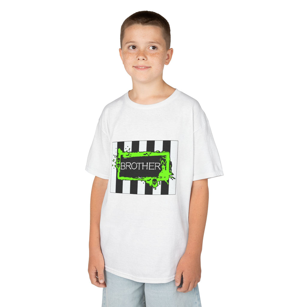 Young boy wearing a Beetlejuice inspired Halloween Brother t-shirt in white.