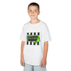 Young boy wearing a Beetlejuice inspired Halloween Brother t-shirt in white.
