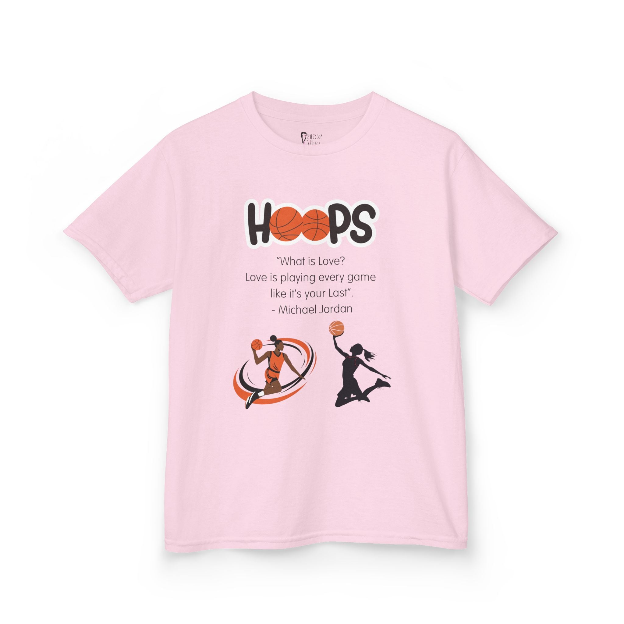Front view of a youth Gildan 5000B heavy cotton t-shirt in light pink featuring a Girls Basketball design