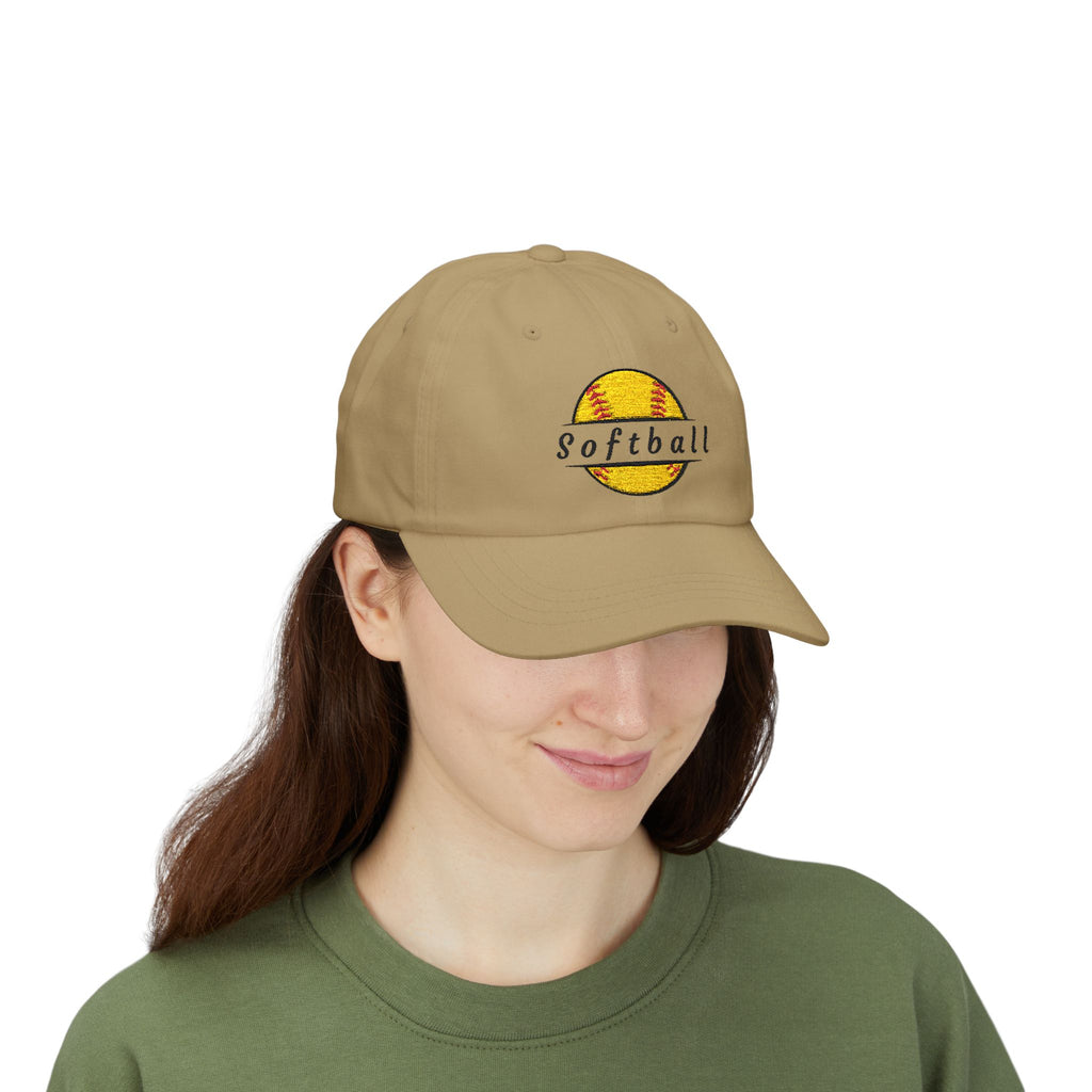 Woman wearing a khaki embroidered classic dad cap hat with a Softball text and graphic