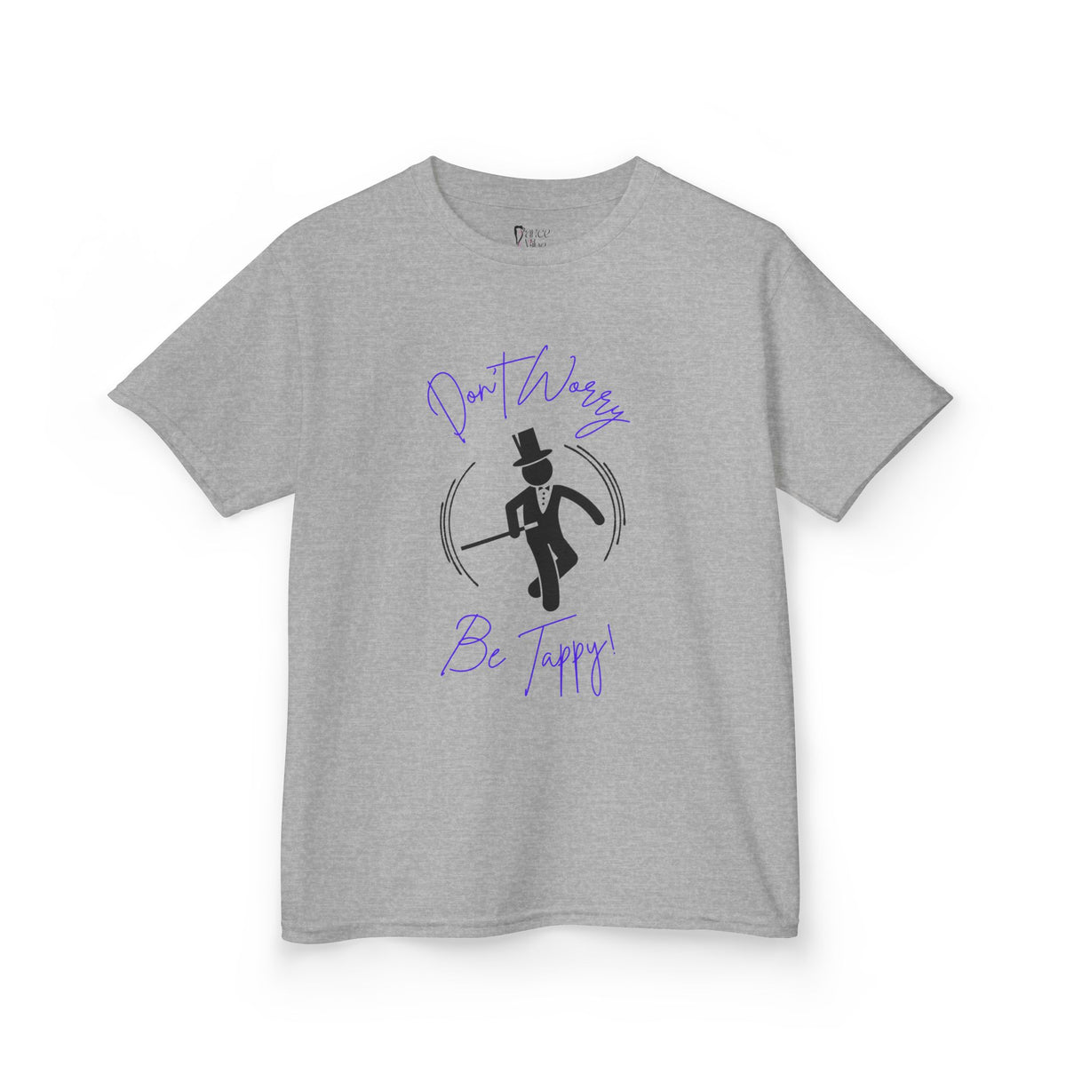 Front view of a youth Gildan 5000B heavy cotton t-shirt in sport grey with a Don't Worry Be Tappy Tap theme