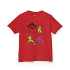 Front view of a youth Gildan 5000B heavy cotton t-shirt in red with a Softball text and graphic