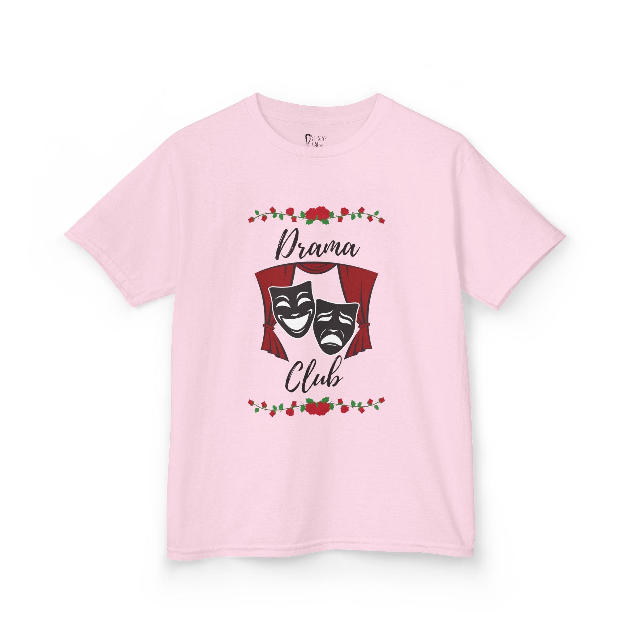Front view of a youth Gildan 5000B heavy cotton t-shirt in light pink with a Drama Club text and graphic 