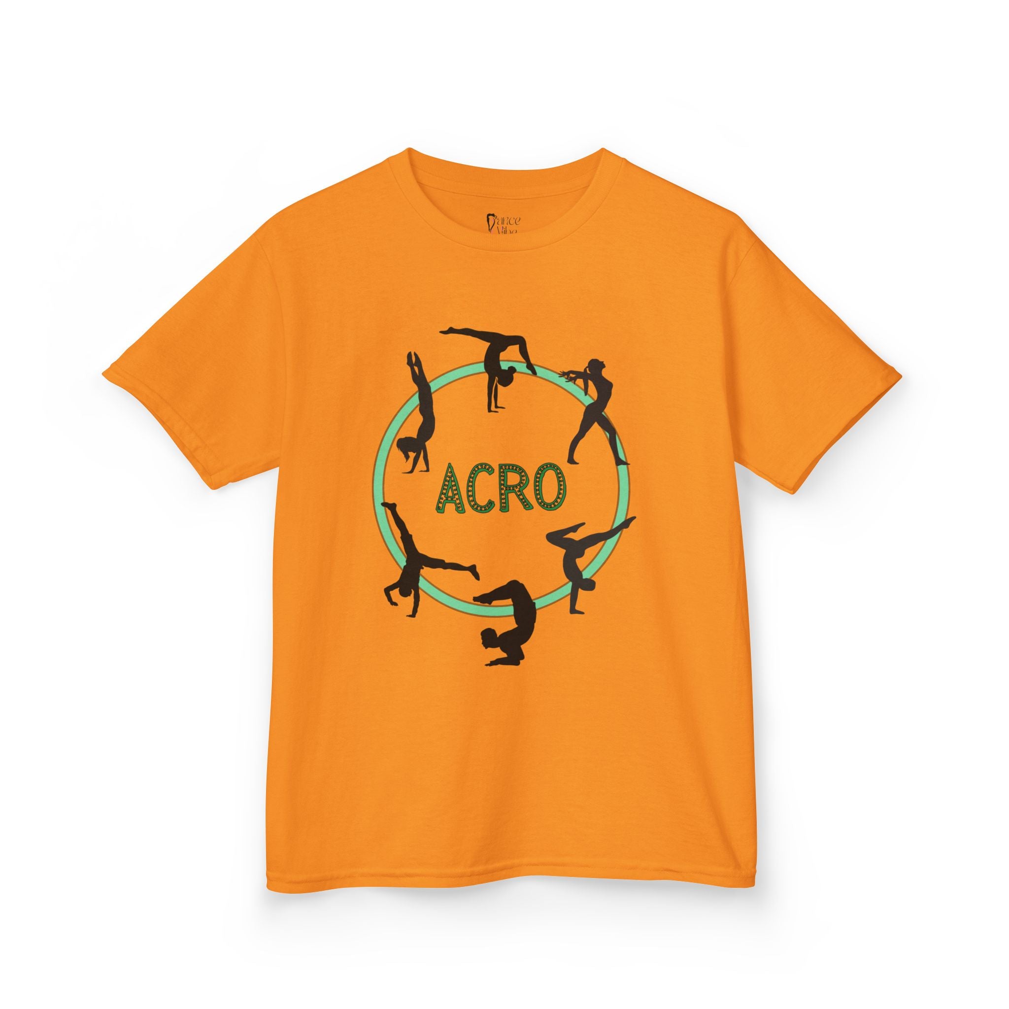Front view of a youth Gildan 5000B heavy cotton t-shirt in tennessee orange with an Acro Gymnastics theme