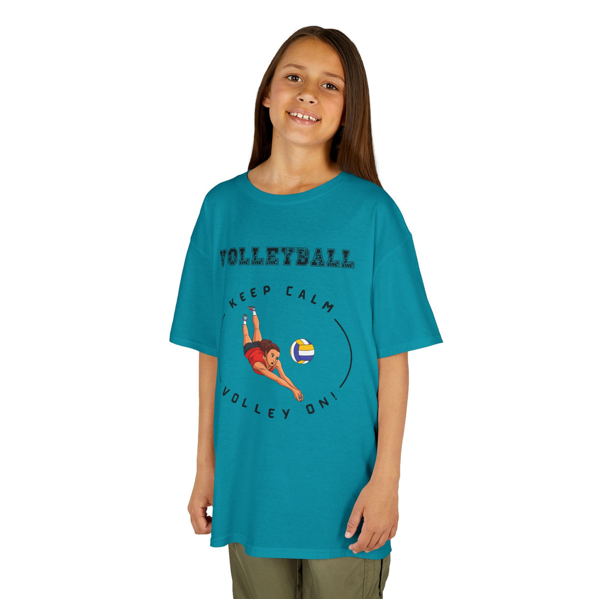 Young girl wearing a youth Gildan 5000B heavy cotton t-shirt in tropical blue featuring a girl playing Volleyball