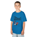 Young boy wearing a youth Gildan 5000B heavy cotton t-shirt in sapphire with a Boys Lacrosse design