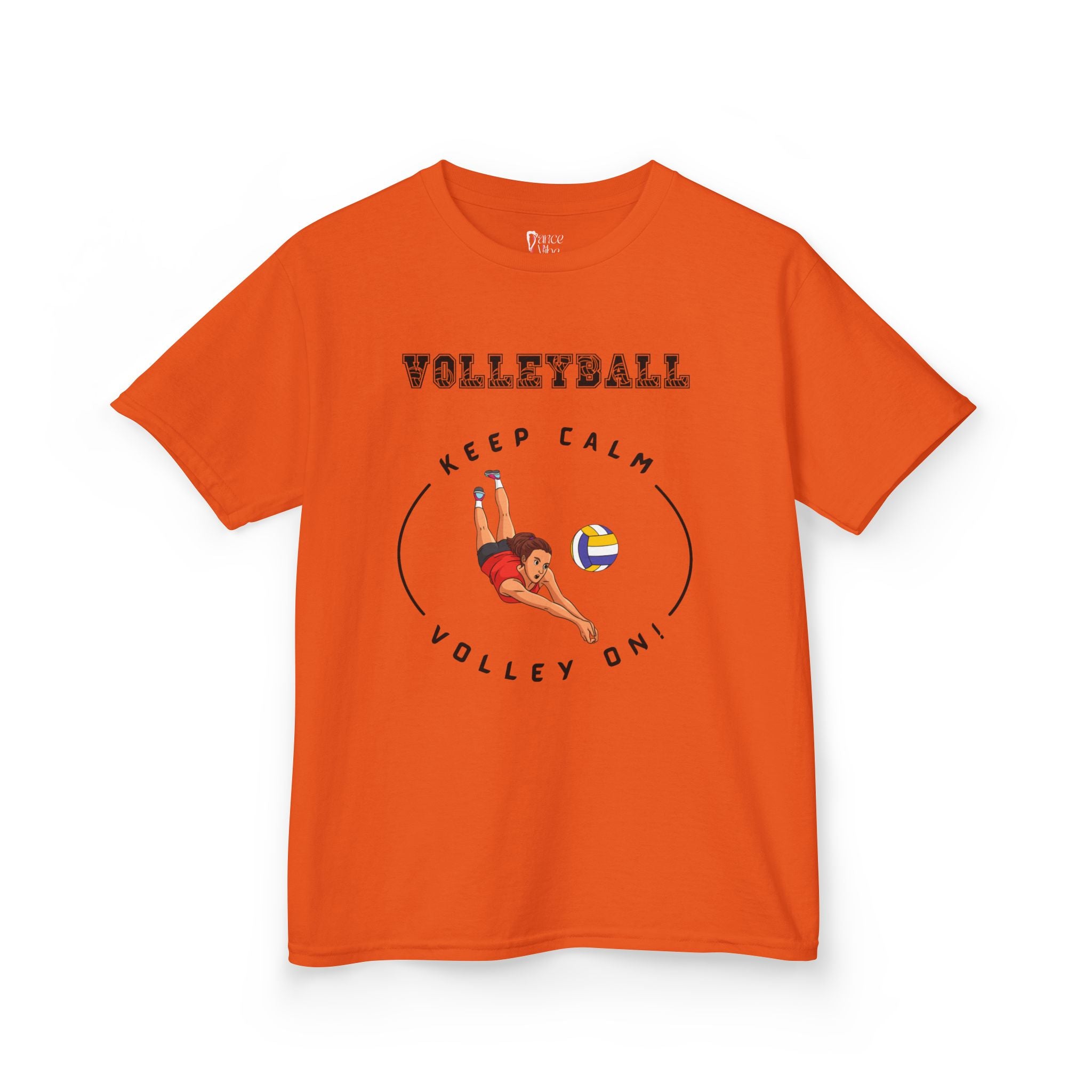 Front view of a youth Gildan 5000B heavy cotton t-shirt in orange showing a girl playing Volleyball