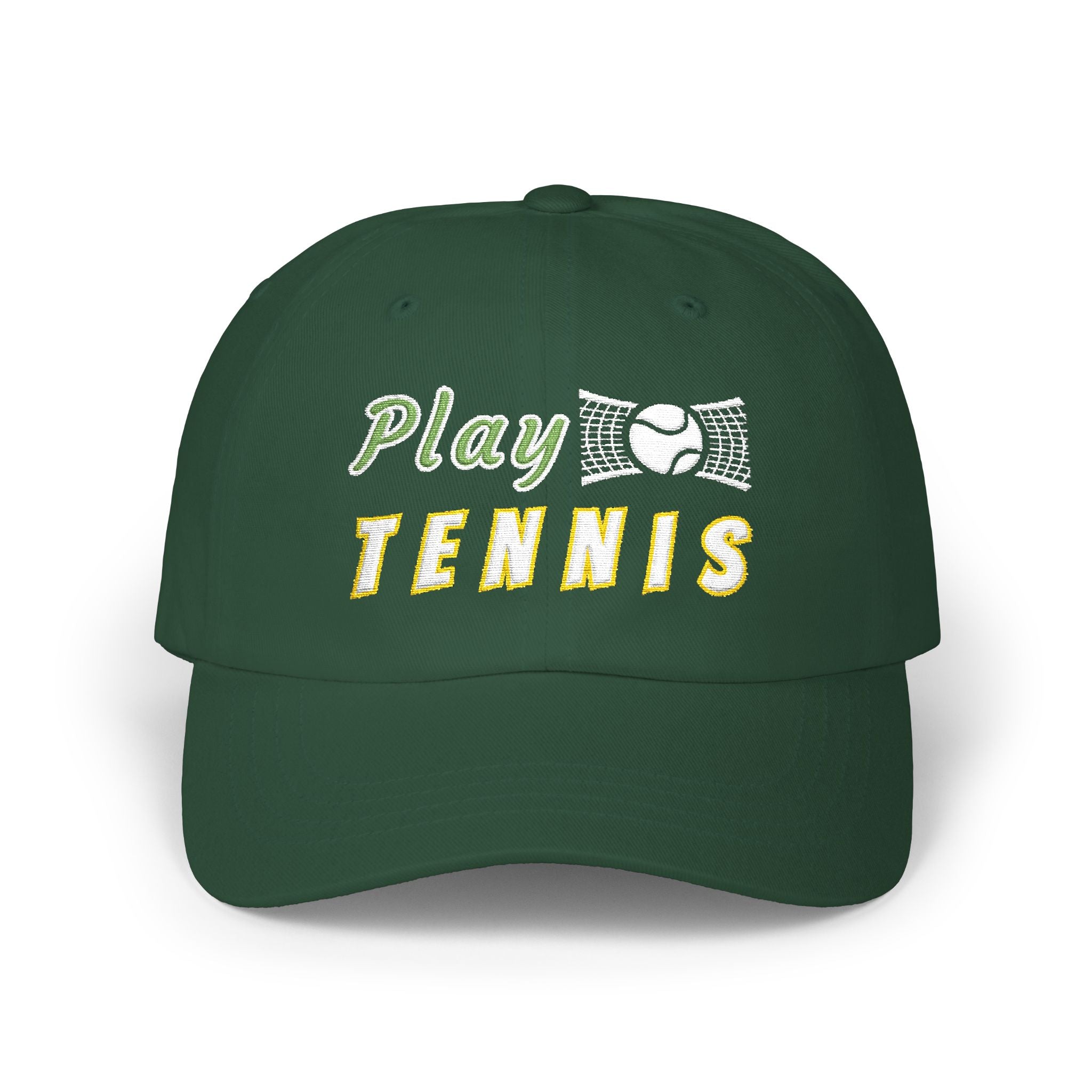 A spruce baseball cap featuring the embroidered text Play TENNIS on the front. 
