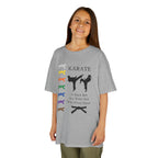 Young girl wearing a youth Gildan 5000B heavy cotton t-shirt in sport grey with a Karate text and graphic