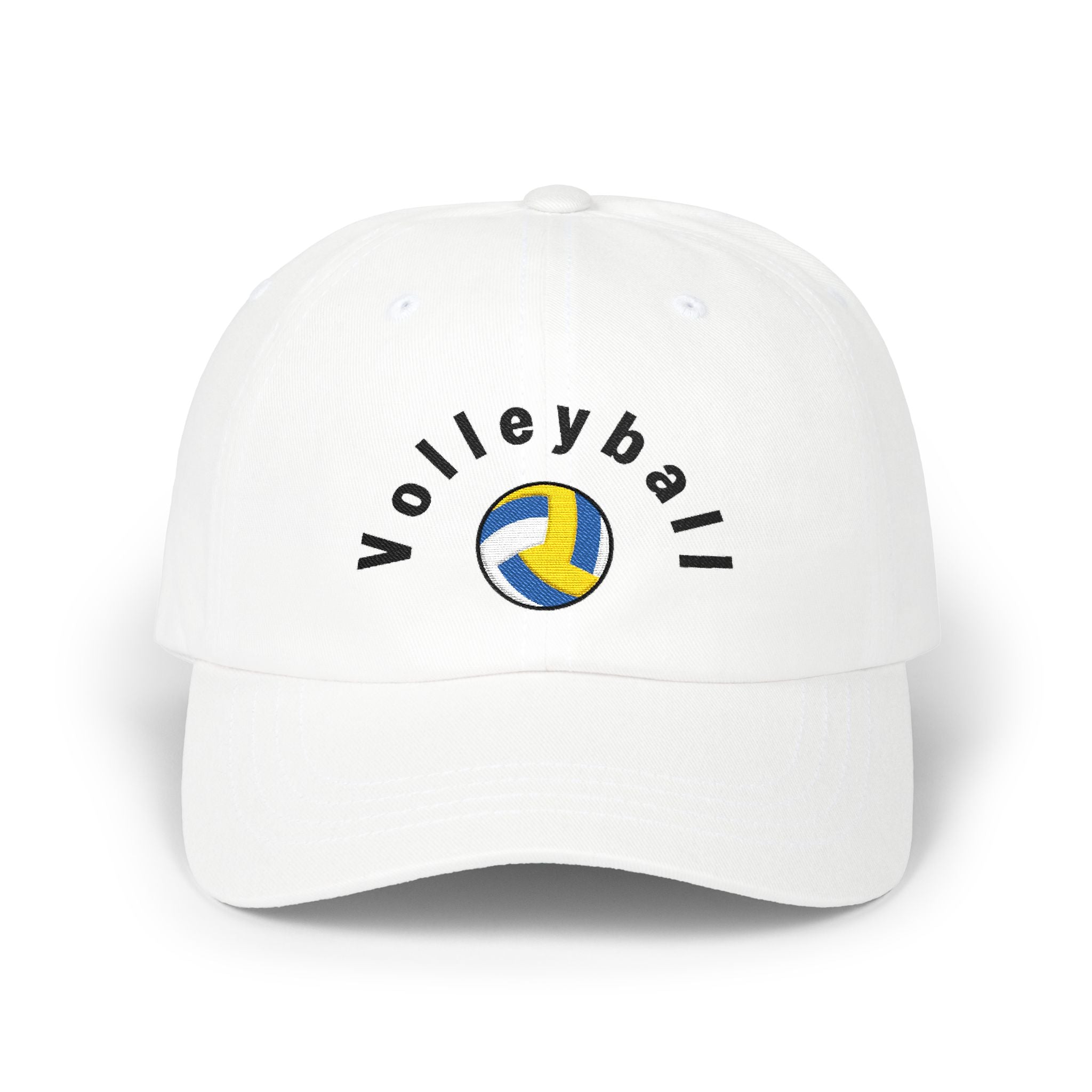 White embroidered classic dad cap hat with a Volleyball text and graphic Front view