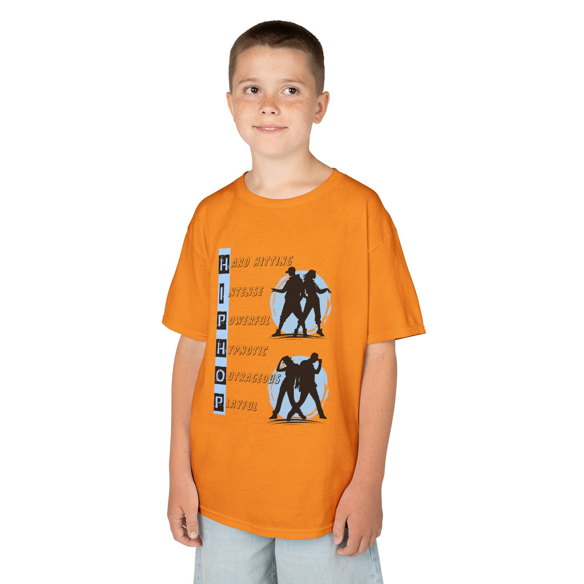 Young boy wearing a youth Gildan 5000B heavy cotton t-shirt in tennessee orange with dancing Hip Hop Couples