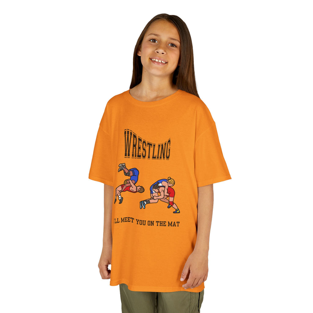 Young girl wearing a youth Gildan 5000B heavy cotton t-shirt in tennessee orange with a Wrestling text and graphic