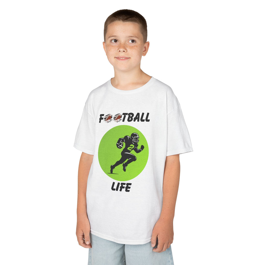 Young boy wearing a youth Gildan 5000B heavy cotton t-shirt in white with a Football Life text and graphic